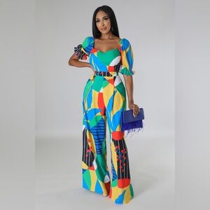 Blue and Yellow Tropical Print Jumpsuit with Wide-Leg Style